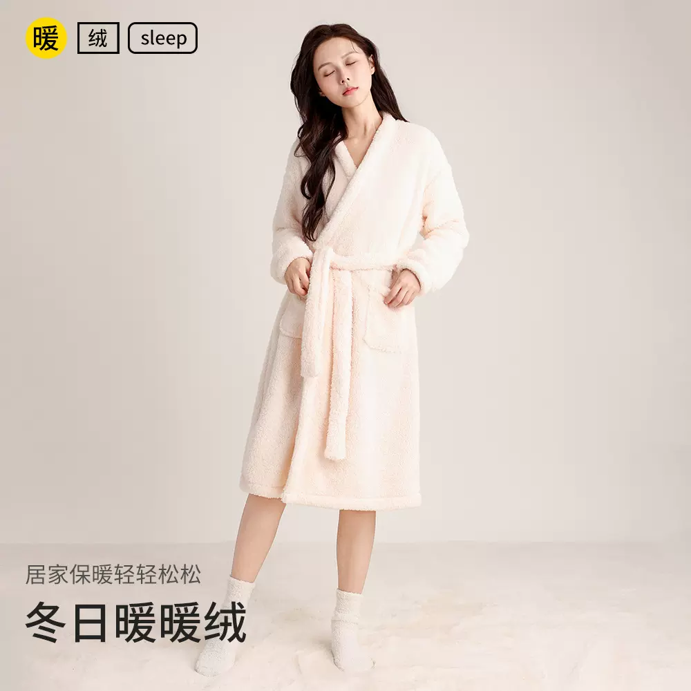 秋冬季女士双面绒加厚睡袍舒棉绒斜襟长款浴袍简约保暖大码家居服