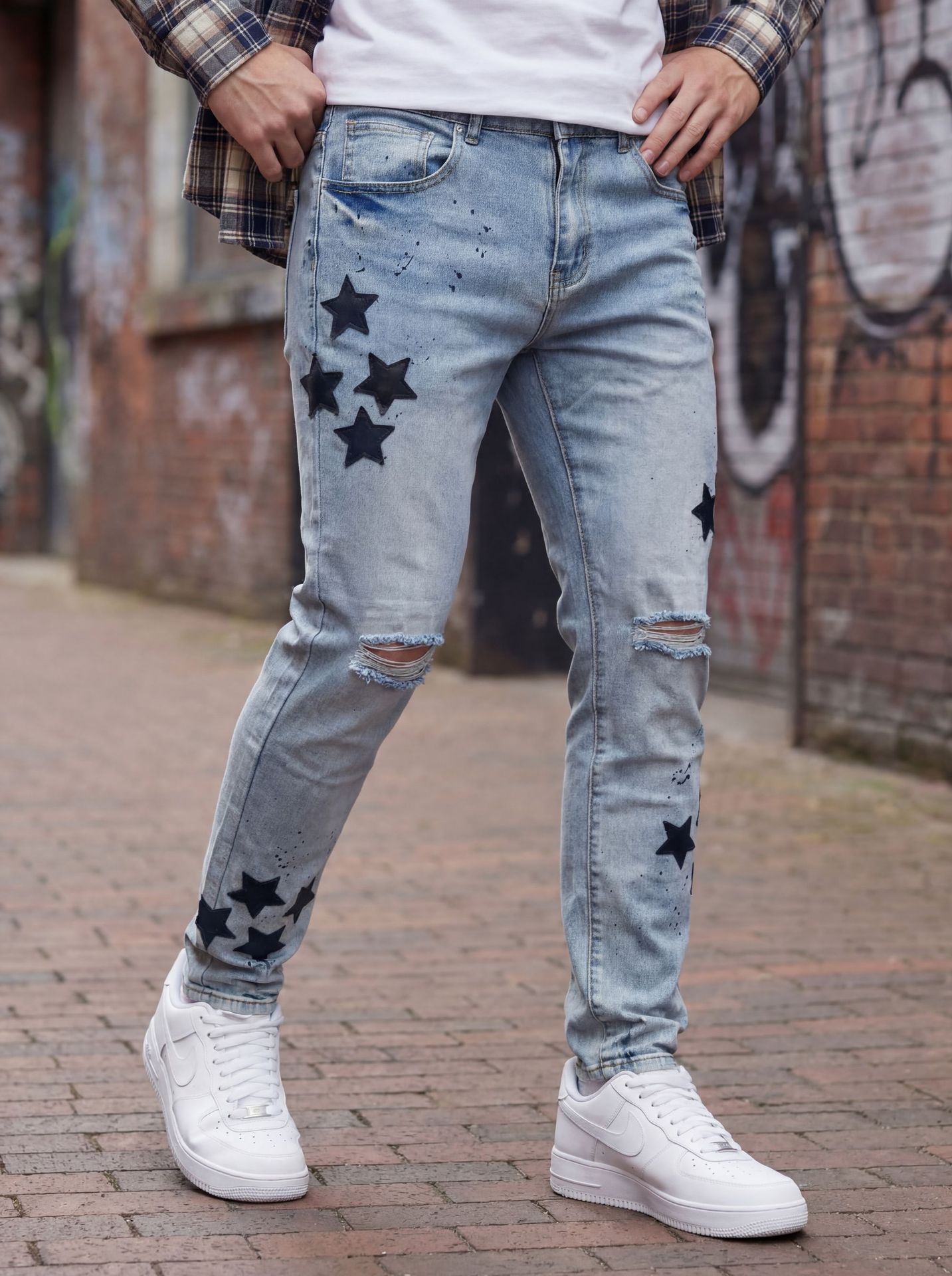 Men's Slim Fit Straight Leg Jeans Star Appliqué Embroidery Splatter Paint Ripped High Street Style Heavy Duty Trendy Brand_mkmklike.com
