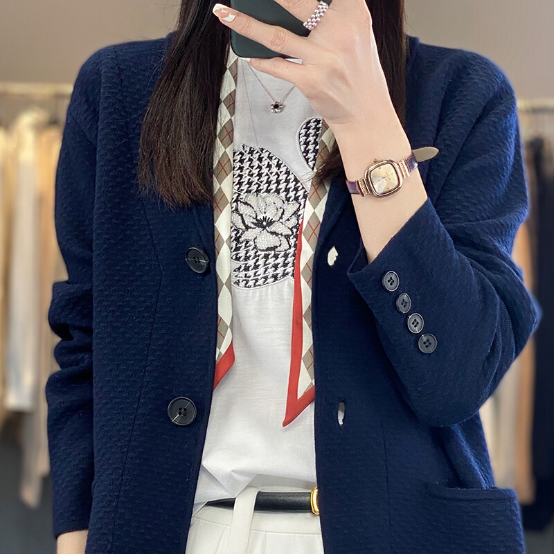 Spring and Summer 2024 New Wool Cardigan Jacket Women's Suit Collar Korean Style Loose Jacket Slimming Solid Color Long Sleeve All-match