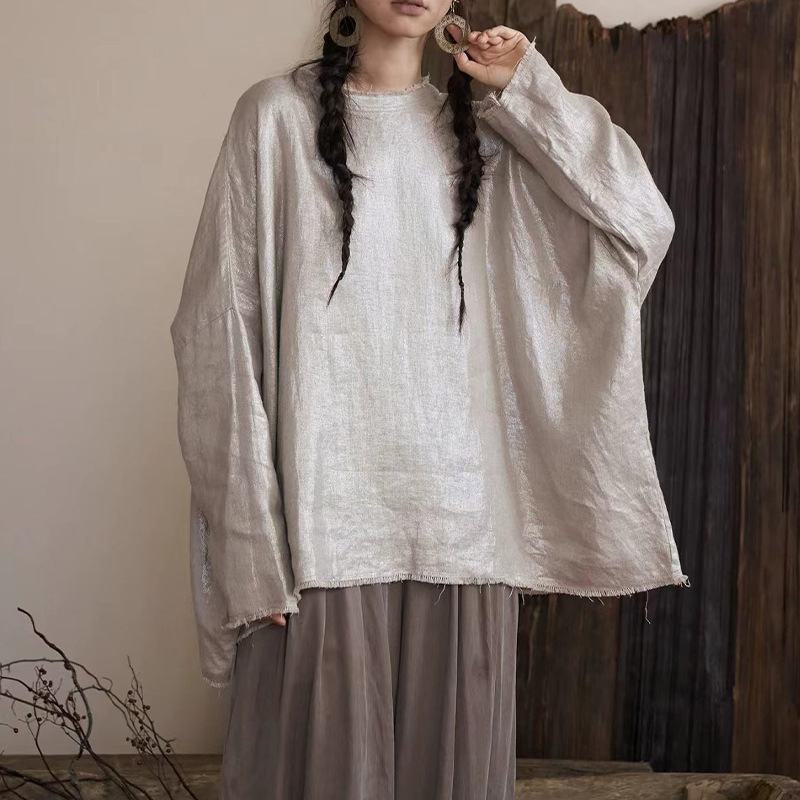 Owis Galaxy All-Linen Silver-Embossed Fringe Hem Loose-Fitting Drop-Shoulder Curved Hem Casual Top