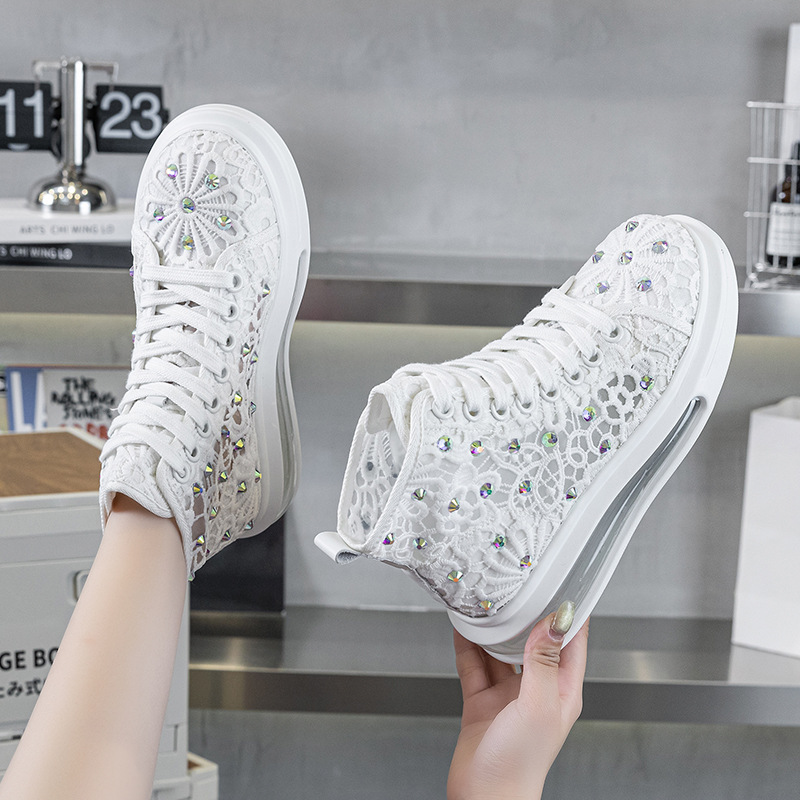 高帮水钻气垫网面透气小白鞋女2025夏季韩版新款蕾丝网纱休闲女鞋
