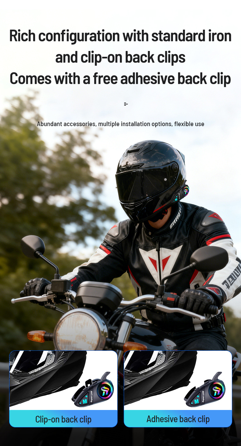 Motorcycle helmet Bluetooth headset LX6, waterproof, noise-reducing, four sound effects, riding headset, direct factory supply, samples available