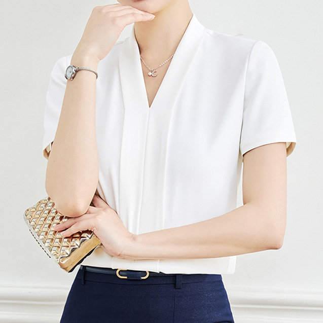 White Chiffon Shirt Women's Short-Sleeved Summer V-Neck Work Shirt Professional Suit with Formal Interview Work Clothes