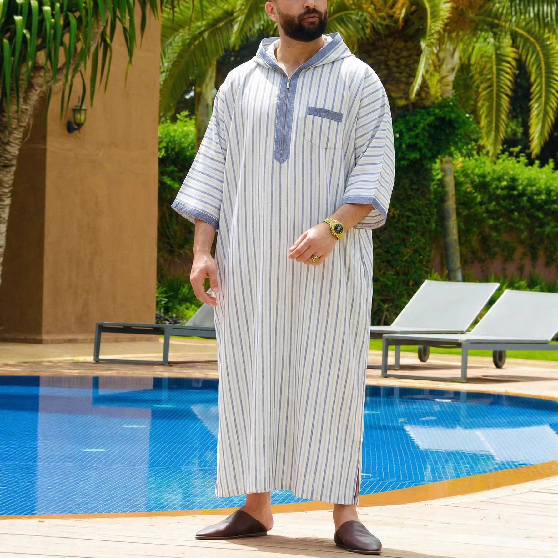 Middle Eastern Men's Robe, Short Sleeved, Hooded, Zippered Design; Arab Men's Clothing; Muslim Festival Traditional Clothing_voghion.com
