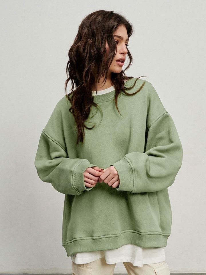 Áo sweatshirt nữ cổ tròn dáng rộng oversize tay dài chất liệu nỉ lông — Hoa màu xám, Màu cà phê, Màu trắng, Xanh navy chi tiết 41