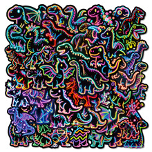 56张跨境新款霓虹恐龙黑边彩光卡通涂鸦贴纸装饰笔记本滑板防水贴