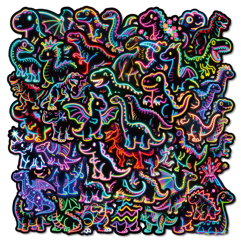 56 Cross-Border New Neon Dinosaur Black Edge Colorful Light Cartoon Graffiti Stickers to Decorate Notebook Skateboard Waterproof Stickers 56 Cross-Border New Neon Dinosaur Black Edge Colorful Light Cartoon Graffiti Stickers to Decorate Notebook Skateboard Waterproof Stickers