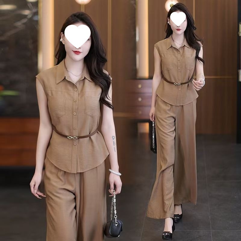 女性用ファッションスーツ2025夏新スタイル、おしゃれな体型カバー痩身シャツ、ワイドパンツ、気質大きいサイズツーピーストレンドセット|undefined