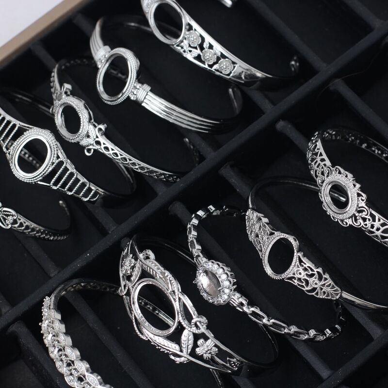 Oval Bracelet Setting, in Stock, Without Prongs, Suitable for Inlaying Beeswax, Large Main Stone, Copper Alloy, Silver-Plated, Open Design