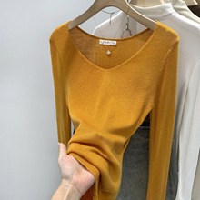 法式镂空露腰V领长袖针织衫2025秋季新款韩版设计感修身单穿上衣