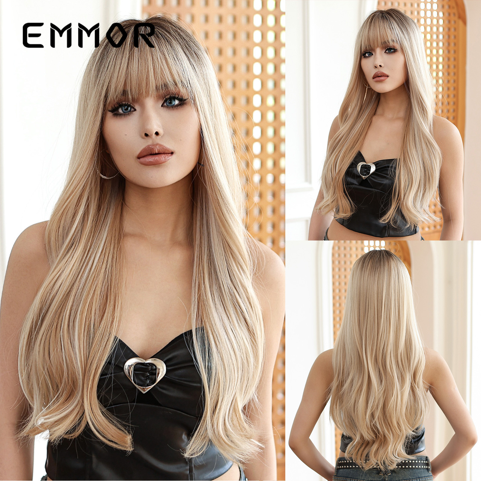 Nueva moda peluca estilo europeo y americano aire flequillo mullido gradiente de oro onda grande largo rizado pelo completo peluca superior