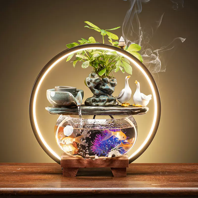 创意流水摆件客厅桌面招财玻璃鱼缸循环水族箱中式开业乔迁礼品