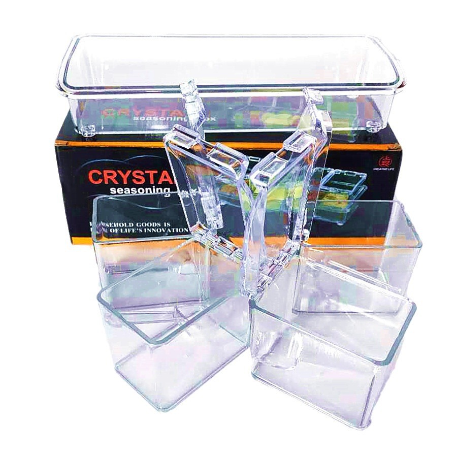Suministros de cocina caja de condimento transparente caja de condimento de cuatro rejillas tarro de condimento cuatro en uno con traje de cuchara suministro directo de fábrica