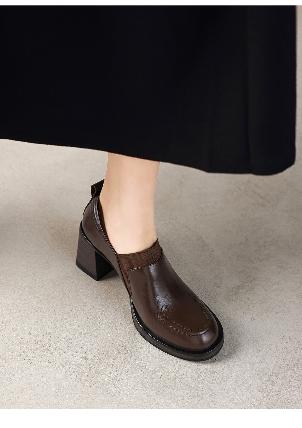Giày cao gót nữ loafer cổ điển mũi sâu gót vuông 7.5 cm da bò thật — màu nâu chi tiết 18