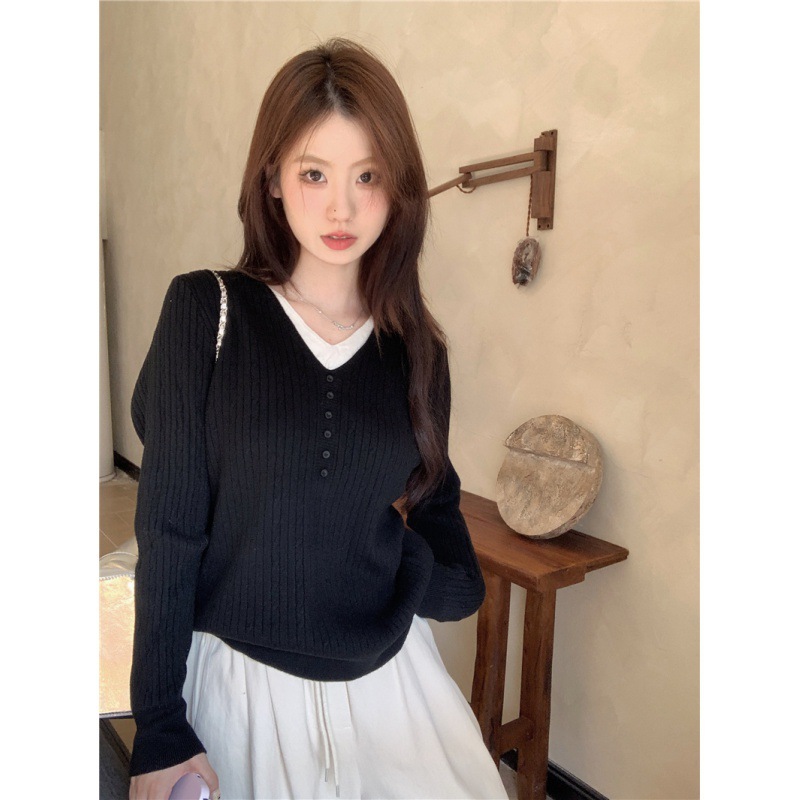 秋冬季新款韩版慵懒风设计感v领假两件针织衫显瘦百搭打底毛衣女|undefined