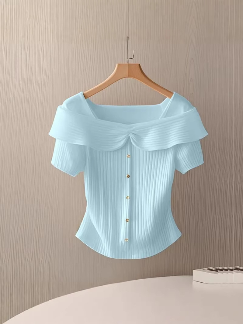 Áo len cổ vuông nữ dệt kim phong cách Pháp, form suông tay ngắn — màu xanh nhạt
