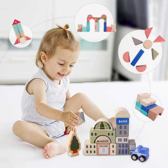 Barreled Wooden Enlightenment Assembled Toy Building Blocks Large Particles 2-6 Years Old Children's Educational City Street View Building Blocks Castle
