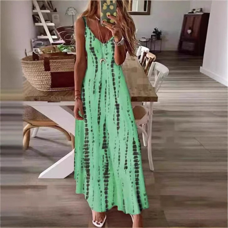 2025 Summer European and American New Sling dress wish Amazon Tie-Dye Printed Long Dress Casual Dress