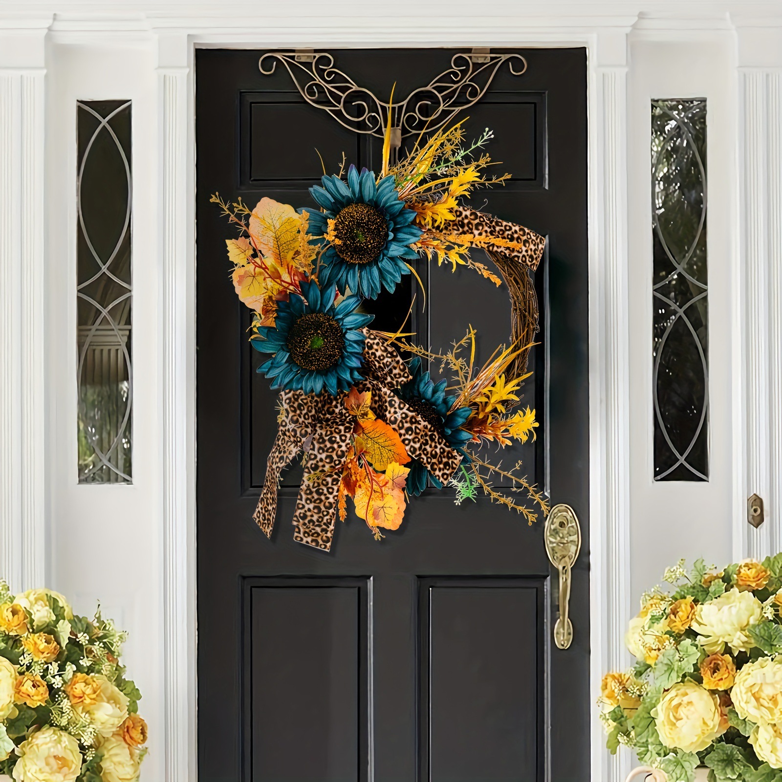 Blauer Sonnenblumenkranz für den Innenhof, Leopardenband, abgestorbener Zweig, Türdekoration, Blumen- und Weinkreis, Wandbehang, Erntezeitkranz_voghion.com