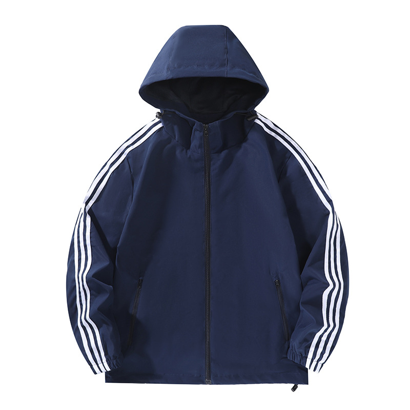 Primavera y otoño transfronterizos masculinos con tres barras encapuchadas chaqueta deportiva suelta a prueba de viento chaqueta de montaña casual al aire libre