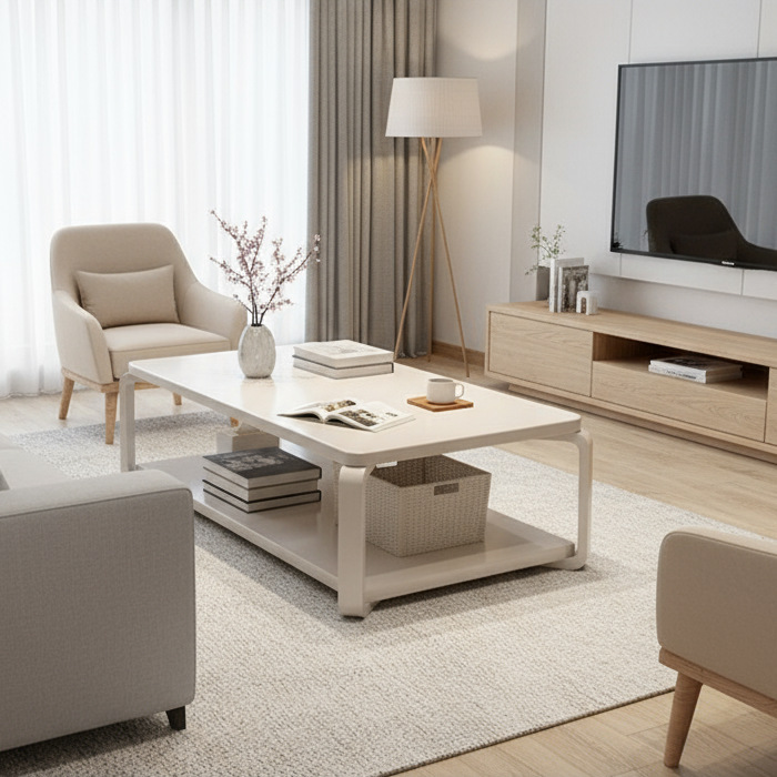 Mesa de té de núcleo de madera sólida, mesa de té de estilo pequeño moderno, varios escritorios domésticos, sofá de sala de estar, varios estantes multifuncionales.