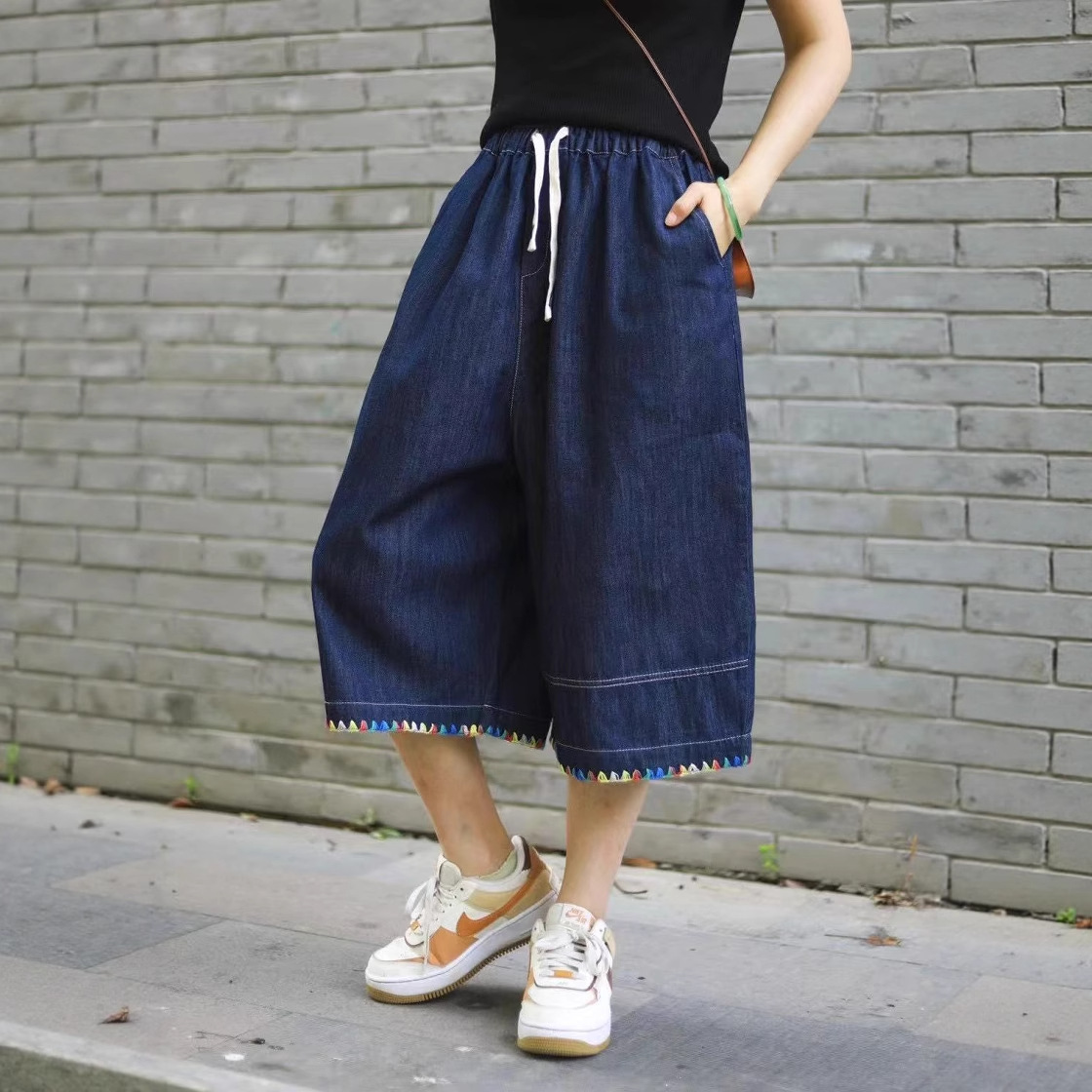 2025夏季新品 日系森女系复古松紧腰显瘦水洗牛仔五分裤女直筒裤