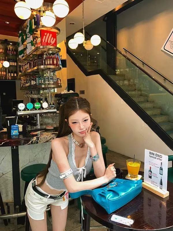 10147#人棉纯欲V领花边拼接挂脖绑带吊带背心辣妹露背修身上衣|undefined