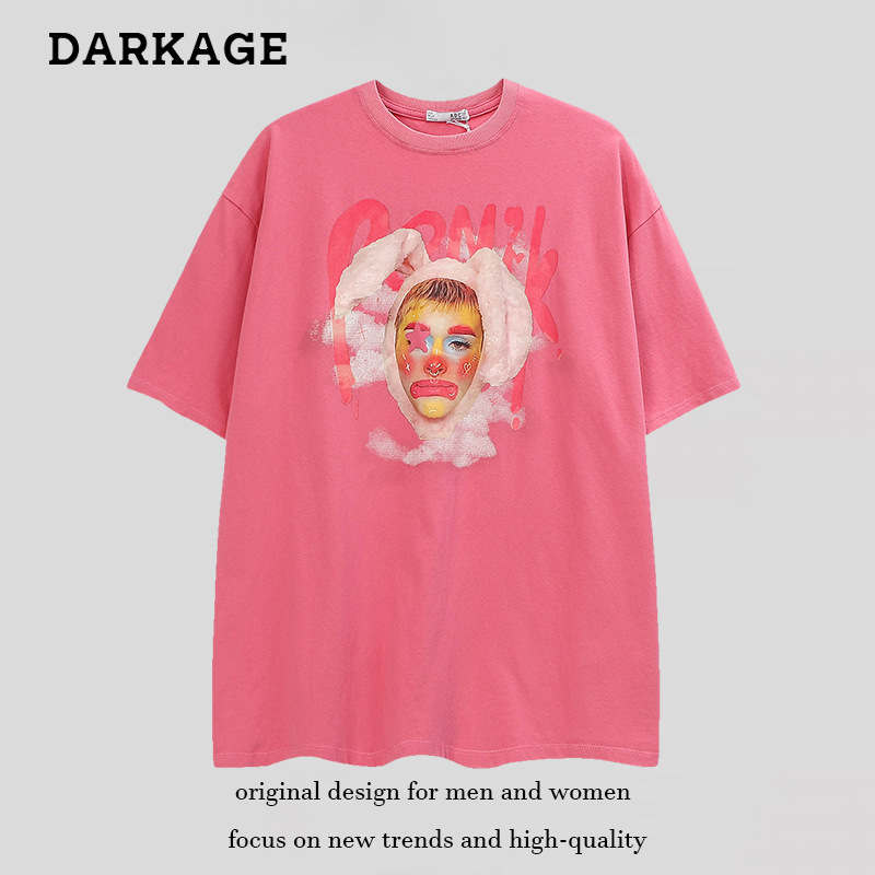 La marca de moda lavada vintage payaso impreso camiseta de manga corta para hombres y mujeres camiseta de media manga de pareja de moda nacional de moda