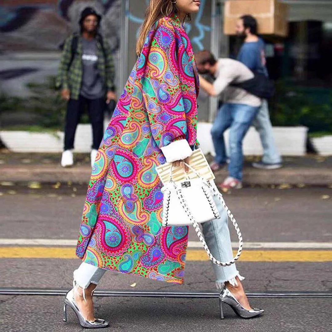 Abrigo Largo de Lana Estampado para Mujer de Tela de Lana, Engrosado, Manga Larga, para Invierno