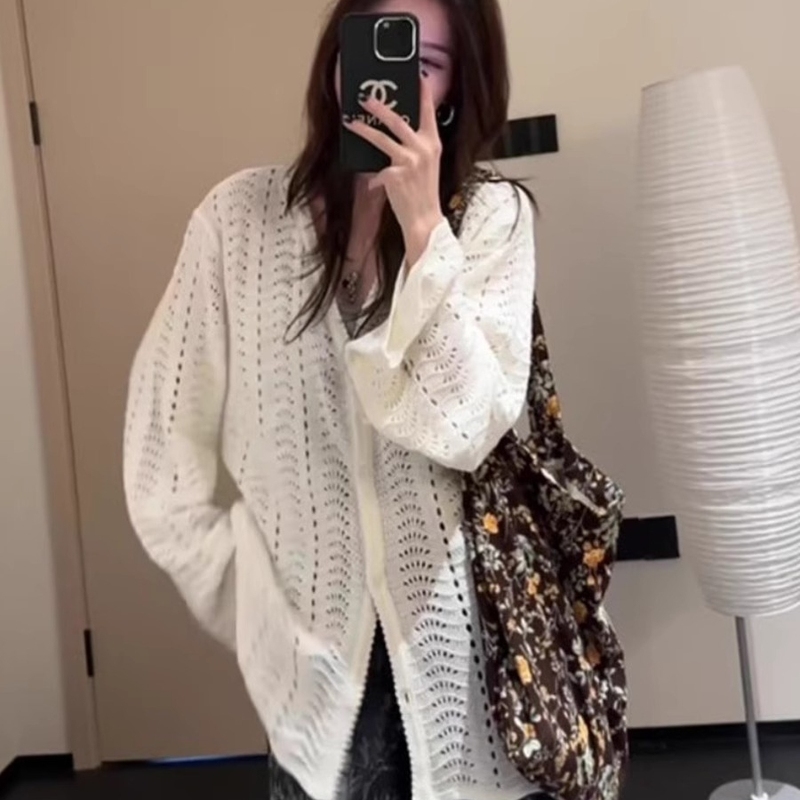 慵懒风镂空白色针织衫上衣女早春2025新款设计感小众百搭开衫外套|undefined