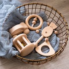 拨浪鼓小汽车固齿器木串珠益智安抚磨牙套装婴儿拍照道具