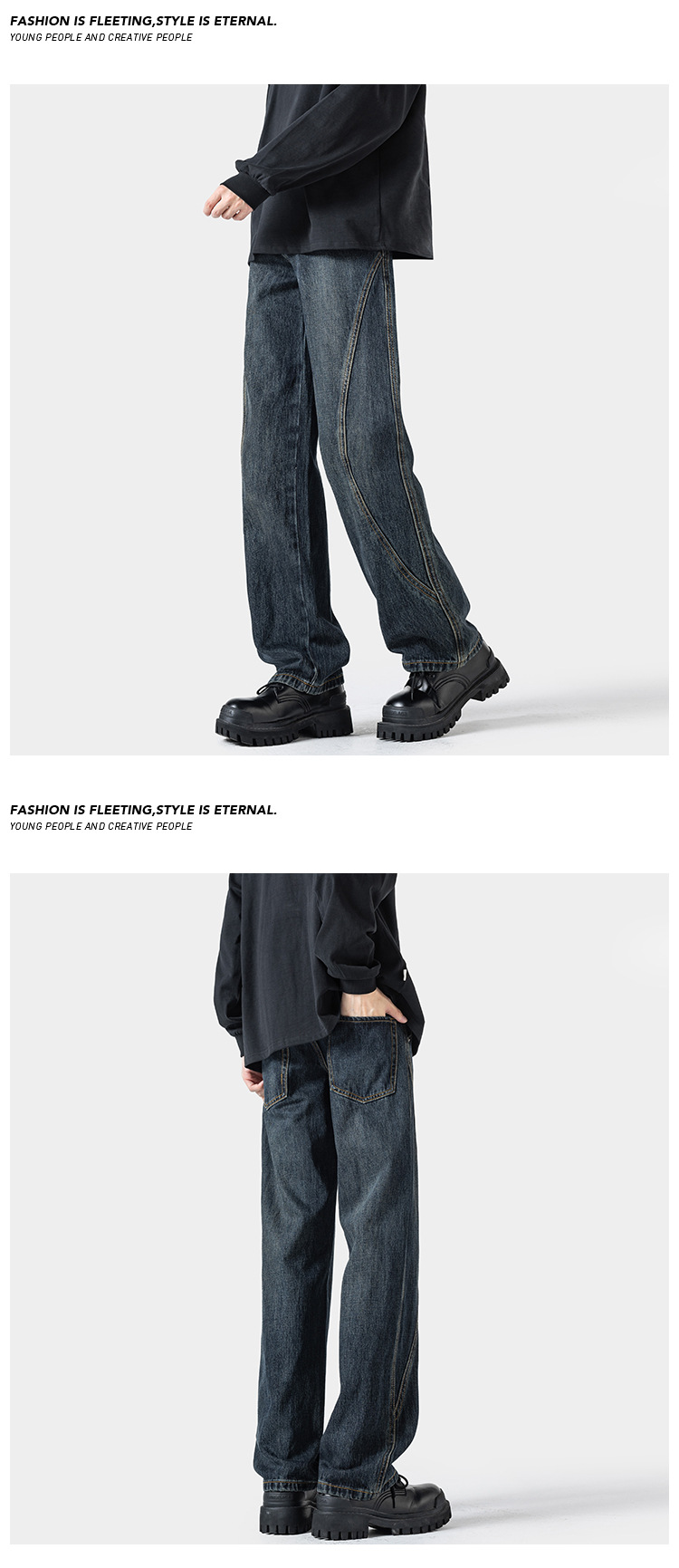 American Retro Patchwork Jeans For Men Loose Wide Leg Casual Trousers_voghion.com