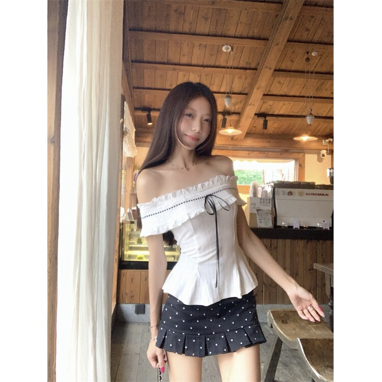 MR【原版提花面料】纯欲风设计感白色一字肩短袖T恤女收腰修身上|undefined