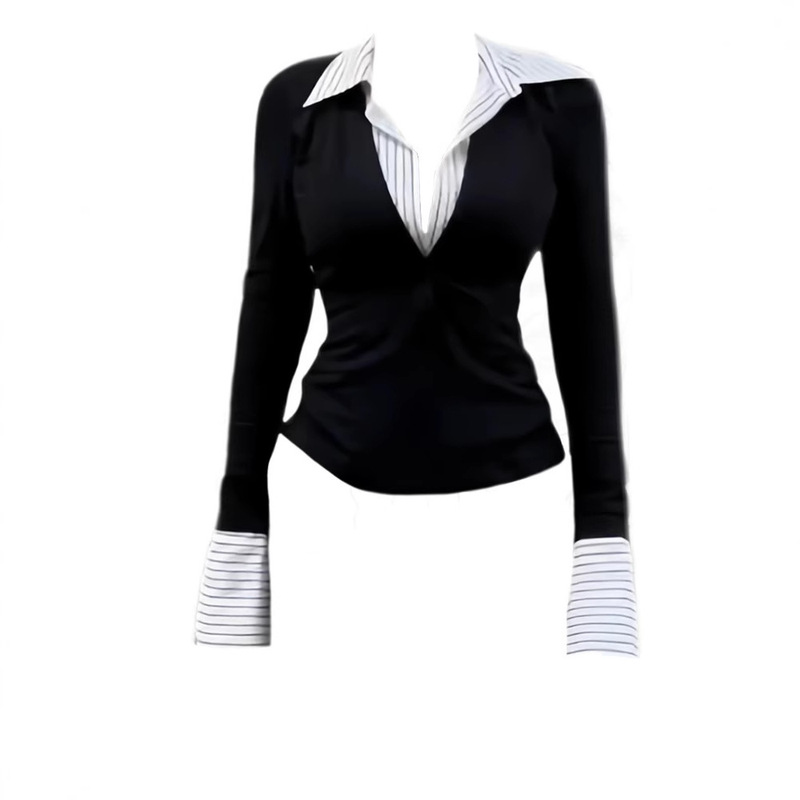 plus size chubby girl Korean Fashion Fake Two-piece Long-sleeved T-shirt Women's Spring New Slim-fit Slimming Fashionable Chic Top