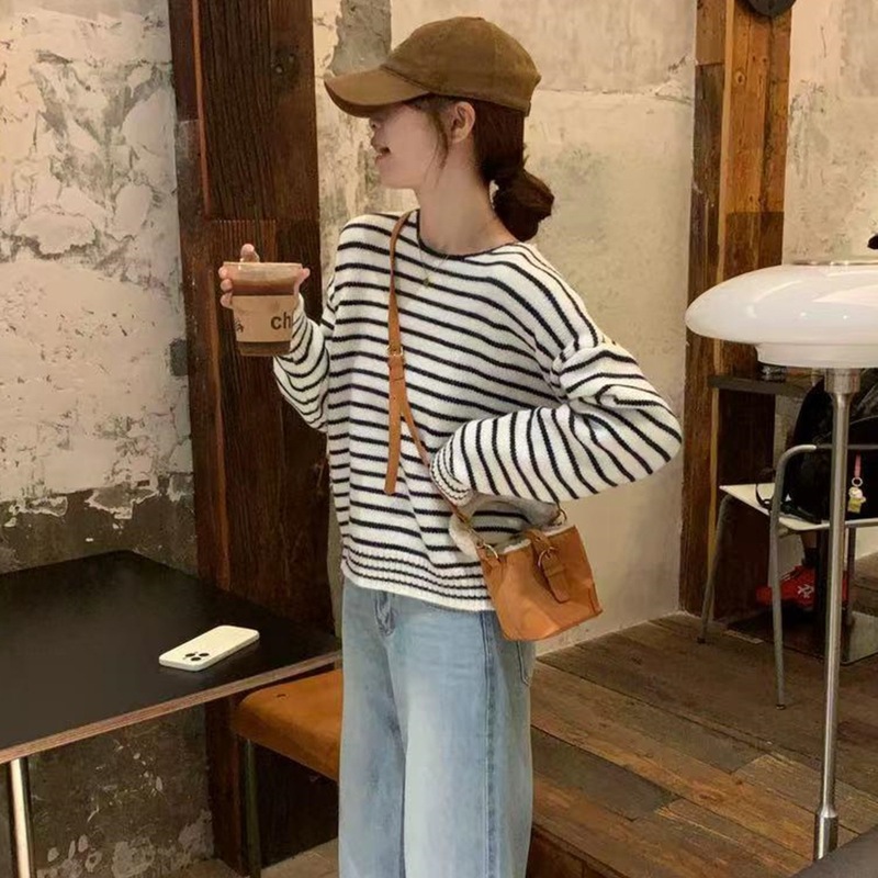 韩系条纹长袖针织衫女2025秋冬新款宽松百搭套头毛衣洋气软糯上衣|undefined
