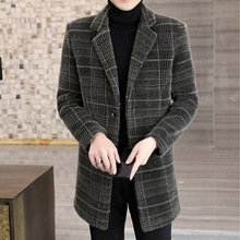 抖音款 韩版时尚格子中长款毛呢大衣男 冬季新款青年加厚呢外套