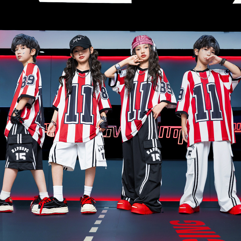 Children's Street Dance Jazz Dance Costume Hip-Hop Cool Performance Outfit Trendy Red and White Striped Set