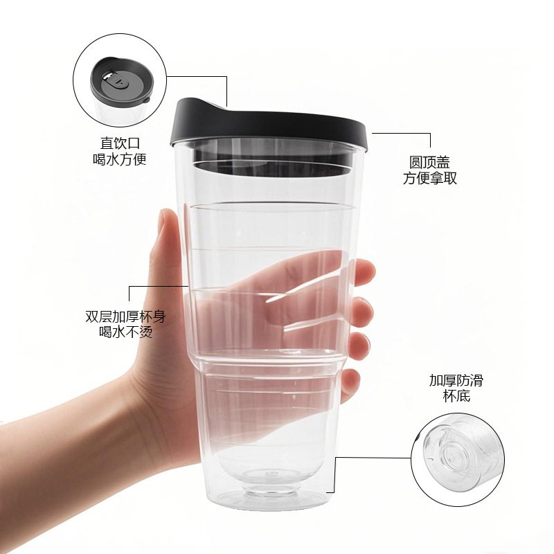 新しいモダンな直接飲料プラスチックウォーターカップ 24 オンス二層ネジカップ二層肥厚プラスチックマルチカラー冷たいドリンクカップ|undefined