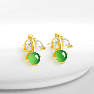 Natural A Jade Cherry Yang Green Ice Jade Earrings S925 Silver Inlaid Fashion Earrings Women's Jewelry