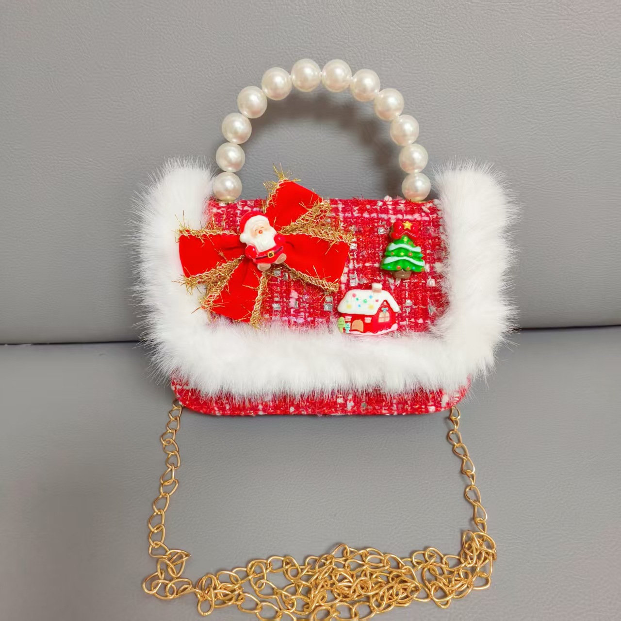Gran bolso de perla de arco rojo, Santa Claus, bolso de Año Nuevo, cartera de Año Nuevo, hombro, pequeño viento fragante