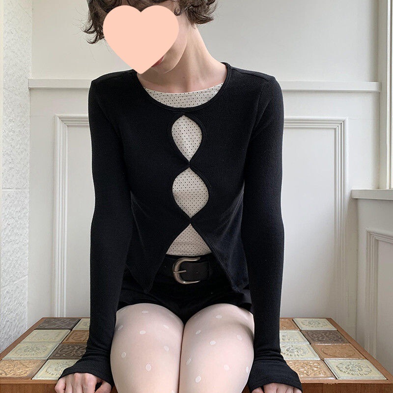 秋季新款纯欲风辣妹短款长袖恤女修身显瘦设计感假两件上衣|undefined