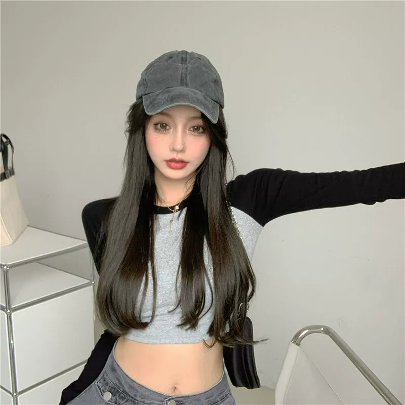 Короткий ретро лонгслив, Slim fit, облегающий, контрастные реглан-рукава (цвет 920)