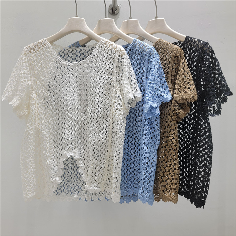 Camiseta de mangas cortas de encaje hueco irregular, camiseta de mujer, gran tamaño de verano, gorda mm, delgada y hermosa camiseta única