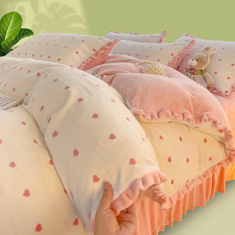 Cama de terciopelo de leche gruesa de cuatro piezas de otoño e invierno sábanas de terciopelo de coral de doble cara funda de edredón cubierta de cama ropa de cama