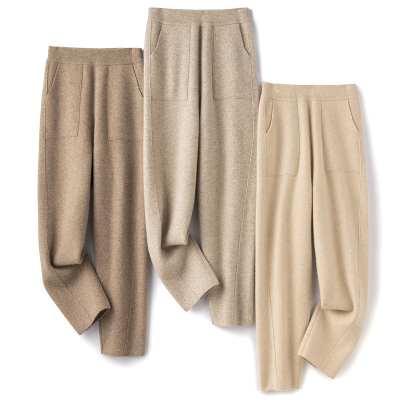 羊毛小脚裤纯羊毛秋冬新款女士高腰带兜扭边保暖长裤垂坠感哈伦裤