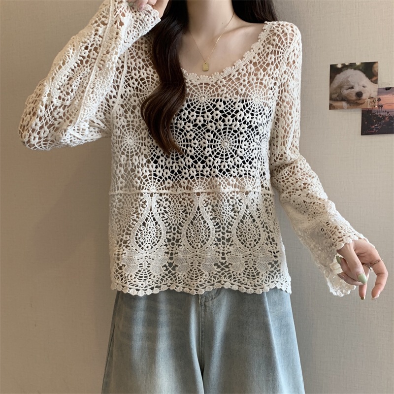 French Cut Out Crochet Knitwear for Women 2025 Early Autumn New Round Neck Long-Sleeved Loose Lazy Outer Blouse Top
