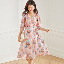 盛宏清仓夏季复古水墨感印花V领泡泡袖收腰中长款连衣裙女12883
