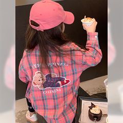 女童外套2023秋季新款兒童可愛卡通格子襯衫寶寶洋氣字母百搭外衣