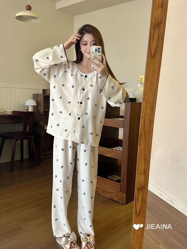 JIEAINA蕾丝花边软绵纱套装女春秋季长袖长裤甜美可爱圆领家居服|undefined