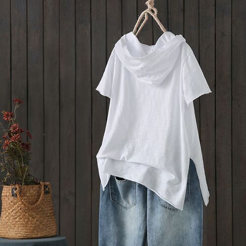 Hooded T-shirt for women's summer new loose short-sleeved artistic and broken hole casual top